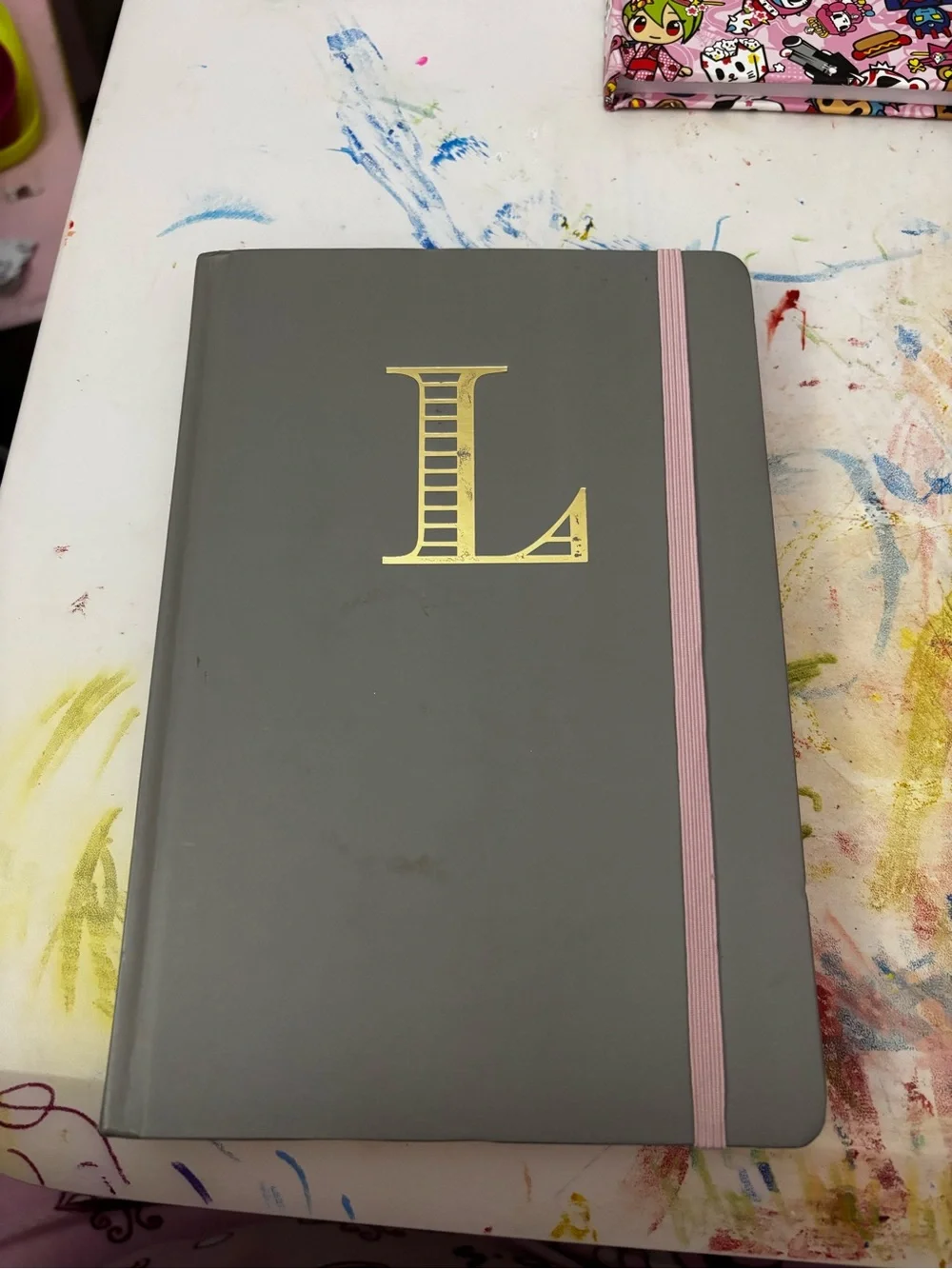 Gray Hardcover Notebook with Pink Elastic - Gold L Monogram